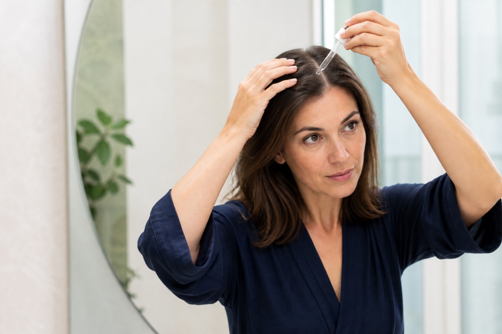 Femme appliquant un sérum anti-chute raie par raie sur son cuir chevelu